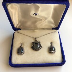 Art Deco Sterling Silver Marcasite Hematite Necklace and Dangle Earrings